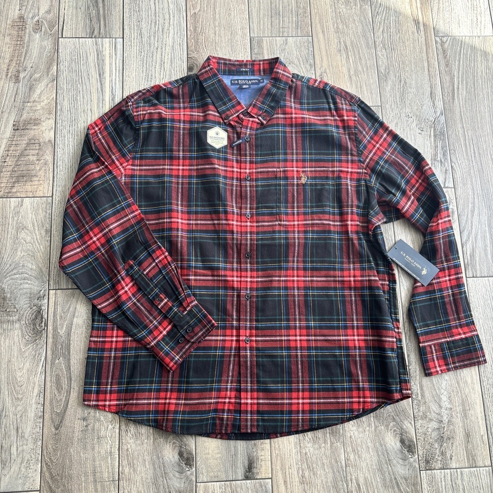 U.S.‎ Polo Assn. Men's 3XL Flannel Shirt Red Plaid Stretch EZ-Wicking Big & Tall